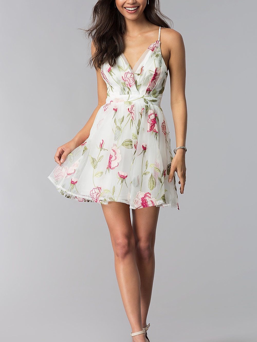 White Mini Dress with Pink Floral Embroidery